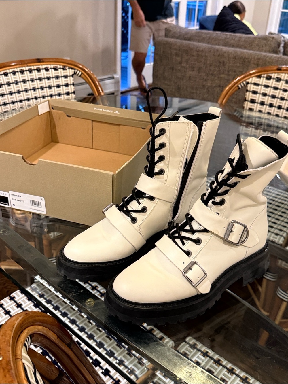 Dolce Vita White Leather Combat Boots with Black Laces